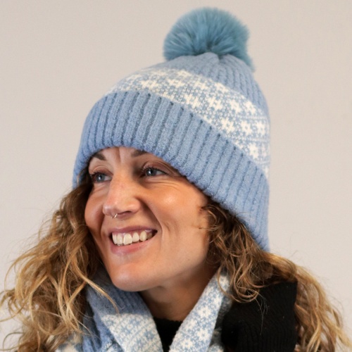 Recycled Blend Baby Blue & White Scandi Flower Bobble Hat by Peace of Mind